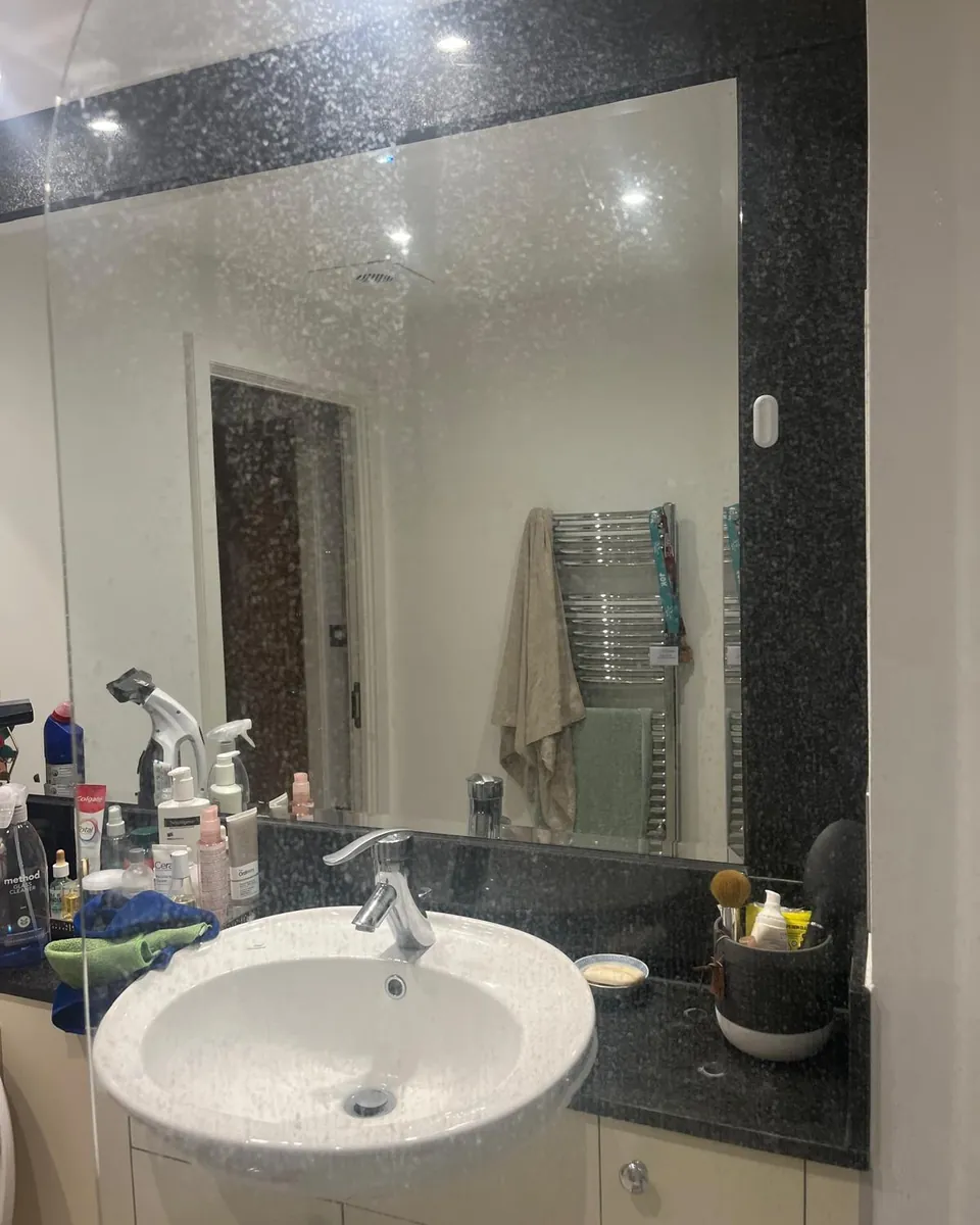 Bathroom mirror and shower screen before cleaning